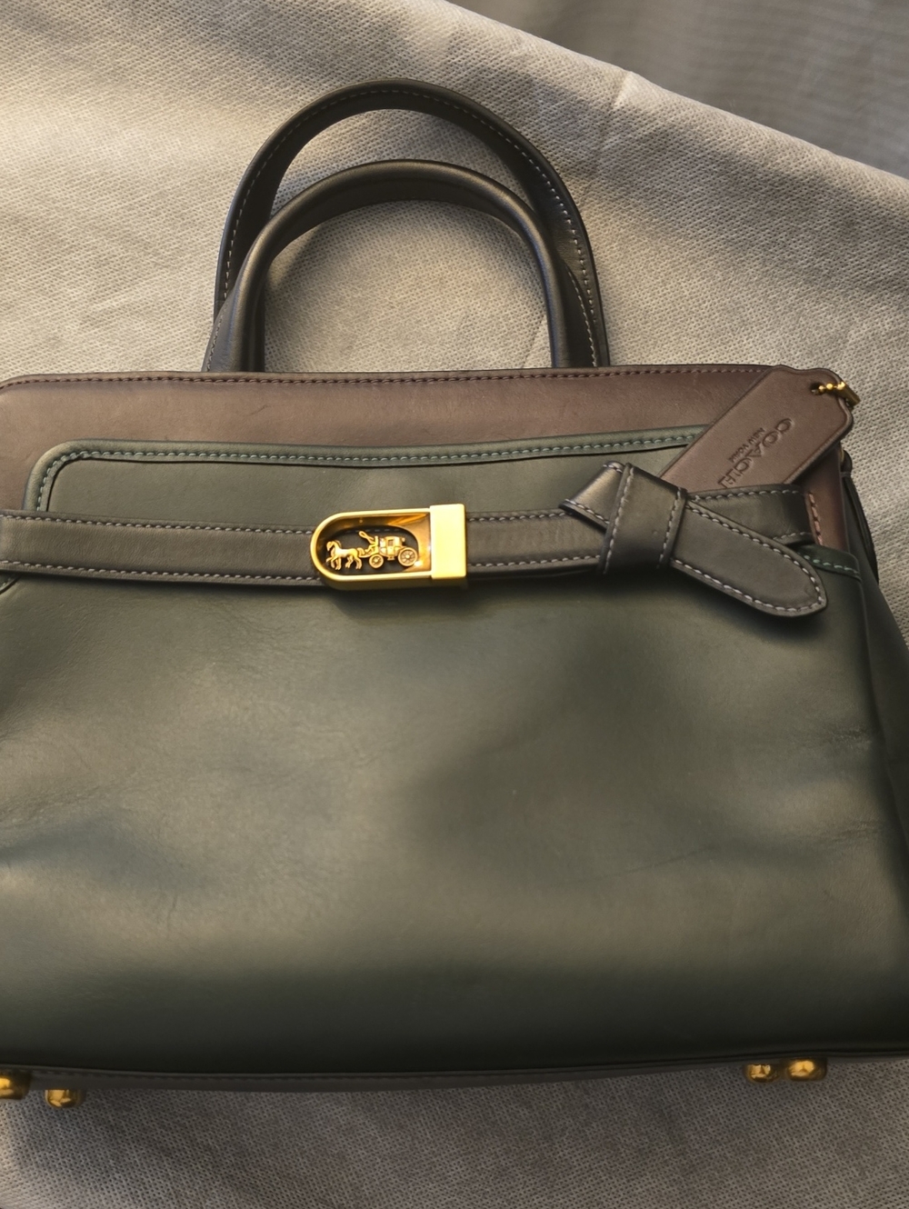 COACH Green and Brown Leather Top-Handle Briefcase with Gold Hardware